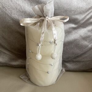 NWOT - Off White Round Pillar Candle W/Silver Wire Strings, Beads, Silver Balls